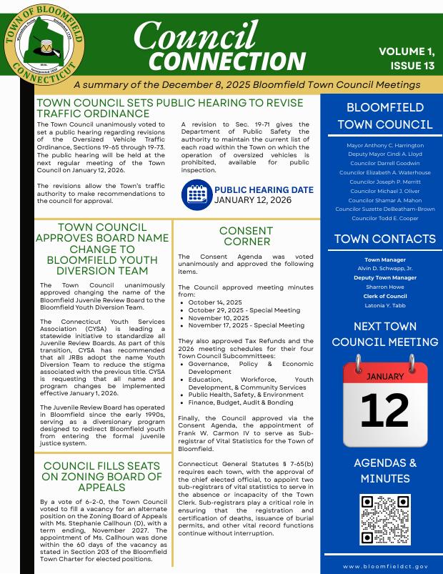 Cover of Council Connection, a plain-language summary of a Town Council meeting